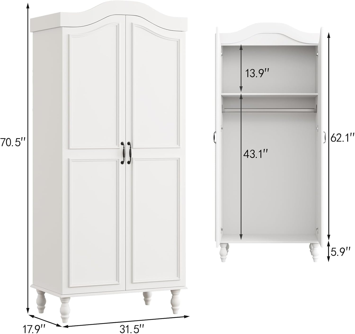 Arched Armoire Wardrobe Closet with 2 Doors, 71" H Wooden Wardrobe Cabinet with Hanging Rod and Shelves, Freestanding Armoire Storage Cabinet for Bedroom, Cloak Room, White