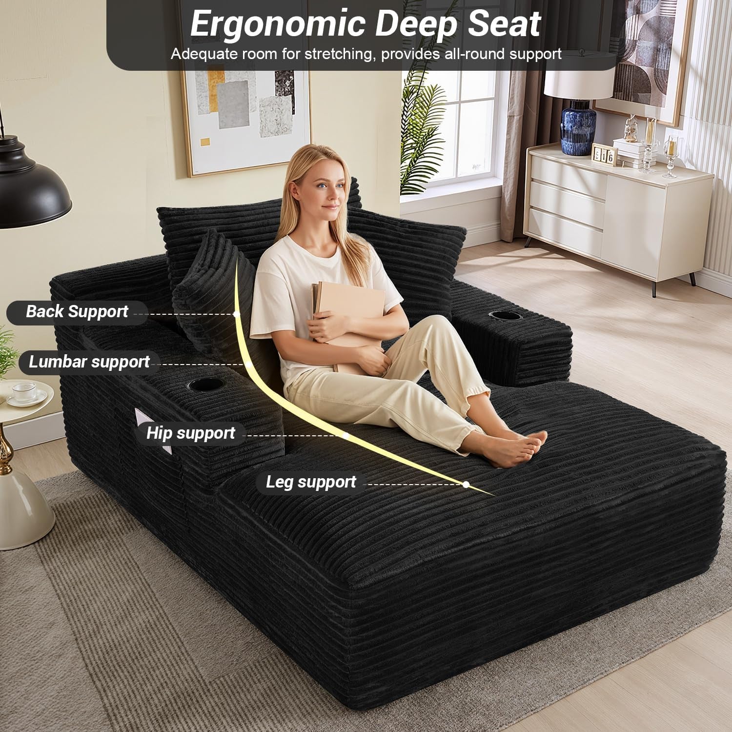 50"W X 68"D Oversized Chaise Lounge Chair Indoor Boneless Reading Chair Plush Corduroy Recliner with Cup Holders Large Deep Seat Comfy Sofa Bed Couch with 3 Pillows for Living Room Bedroom, Black