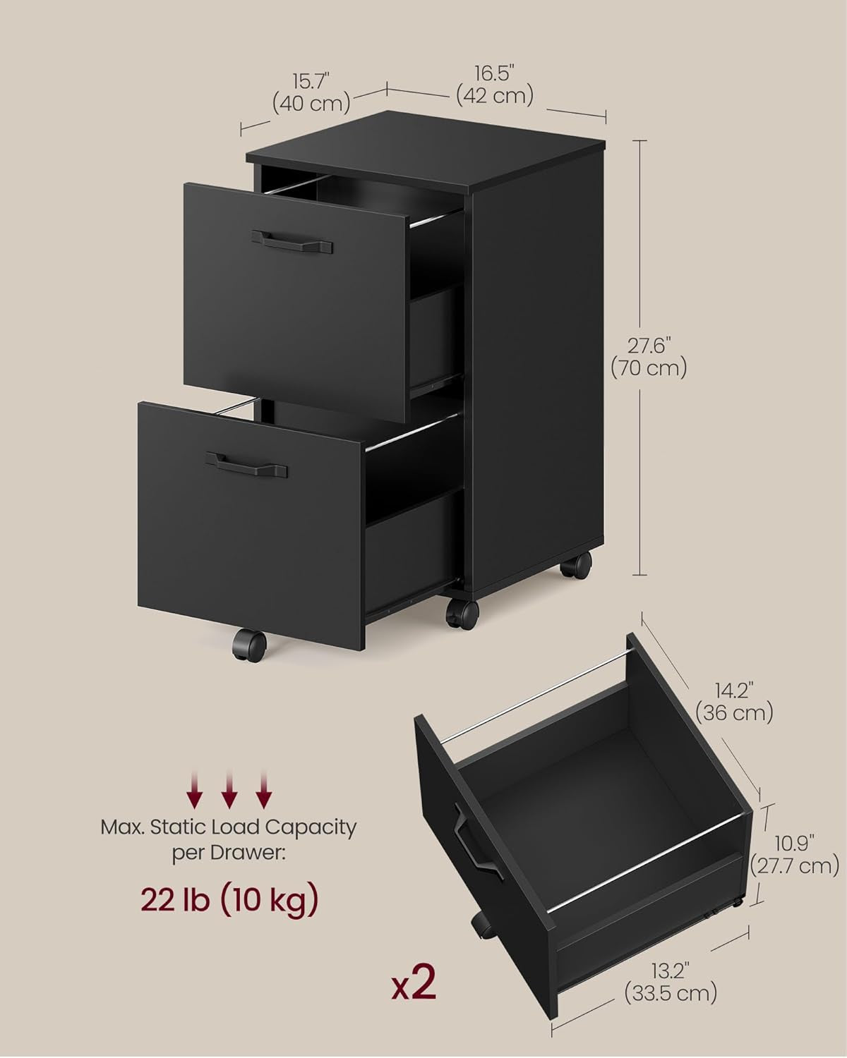2-Drawer File Cabinet, Small Rolling Filing Cabinet for Home Office, Printer Stand, for A4, Letter-Size Documents, 15.7 X 16.5 X 27.6 Inches, Matte Black UOFC040B16