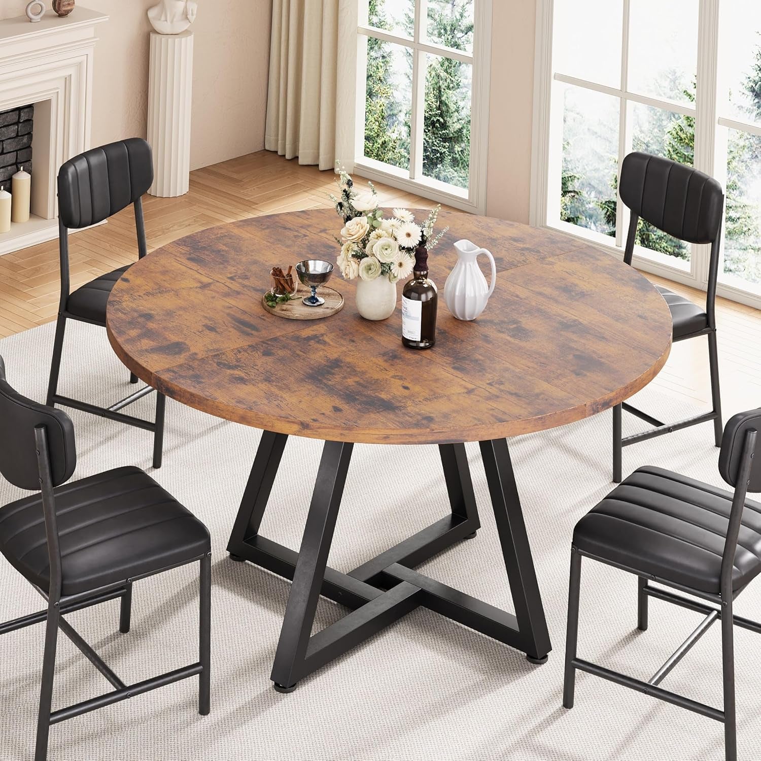 51“ round Kitchen Dining Room Table for 6-8, Circle Dining Dinner Table with Pedestal Metal Frame, Space Saving Wood Industrial Furniture for Small Space (Rustic Brown, 51In)