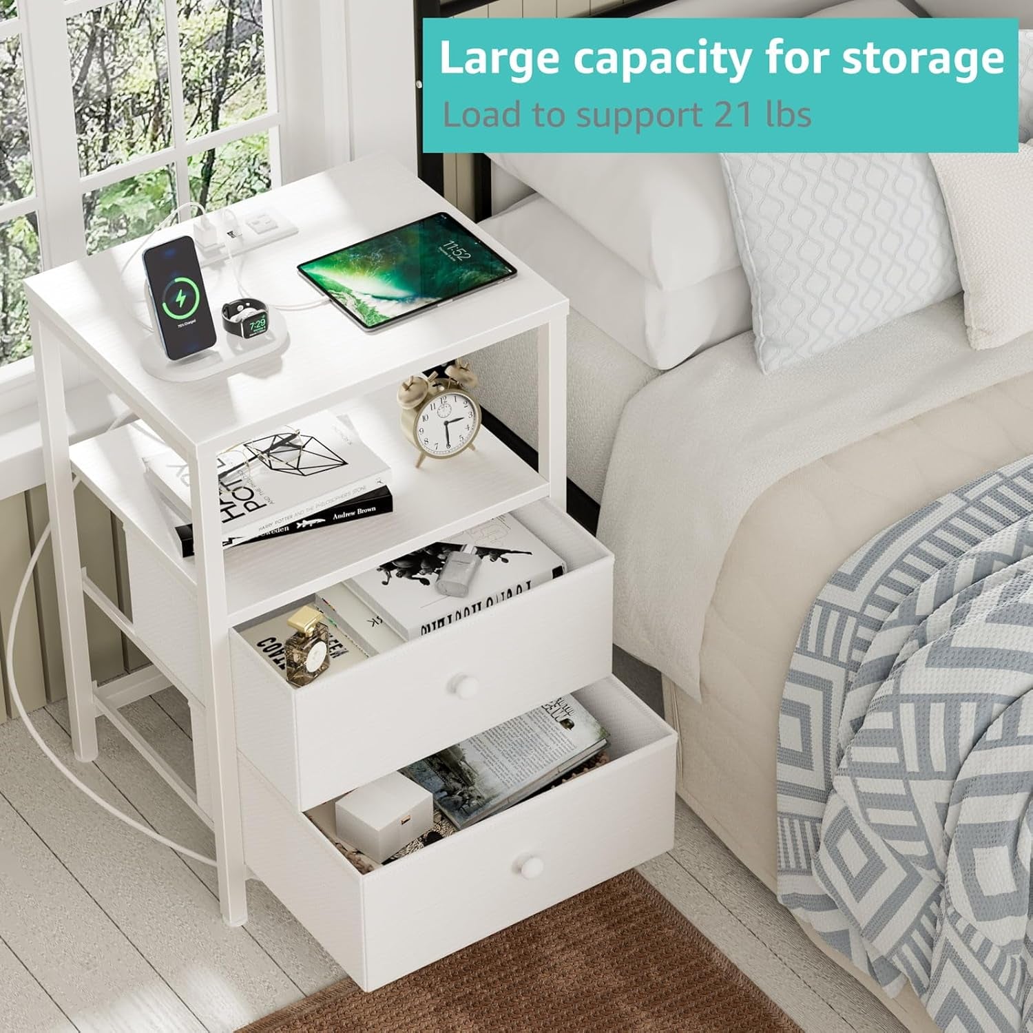 White Nightstand with Charging Station, LED Night Stand with 2 Fabric Drawers, Bedside Table with USB Ports and Outlets, Nightstand for Bedroom Modern