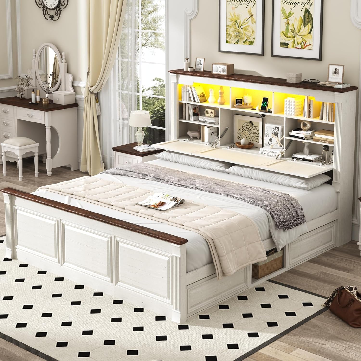 Farmhouse King Size Bed Frame with 55" Tall Storage Headboard & 4 Drawers, Wood Roman Column Platform Bed Frame with 24" Tall Footboard, LED Light, Charging Station, No Spring Needed, Antique White