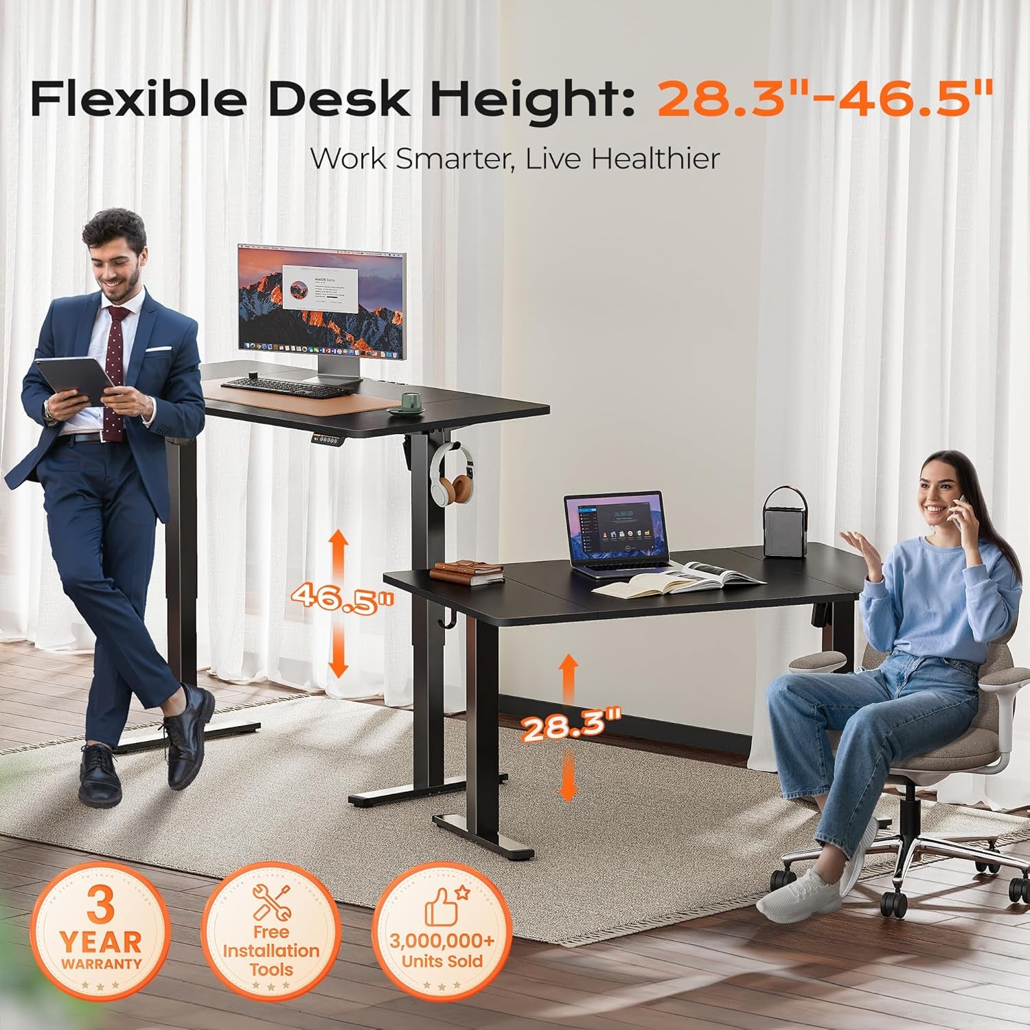 55 X 28 Large Electric Standing Desk, Height Adjustable Computer Desk, 27.6" Deep Desktop, Stand up Gaming Office Table with 2 Hooks, 3 Preset Heights, for Home Office, Black