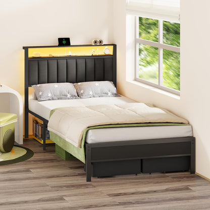 Full Size Bed Frame with Charging Station and LED Lights, Grey Upholstered Headboard with Shelves, Metal Platform Bed with 2 Under-Bed Storage (Fabric Drawer on Wheels), No Box Spring Needed