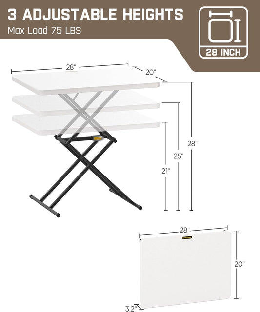 Folding Table , One-Handed Height Adjustment, 3 Heights, Multi-Functional Small Folding Table 28 Inch, TV Tray, Portable Laptop Desk, No Assembly, 1 Pack, White Zeta X1 Pro