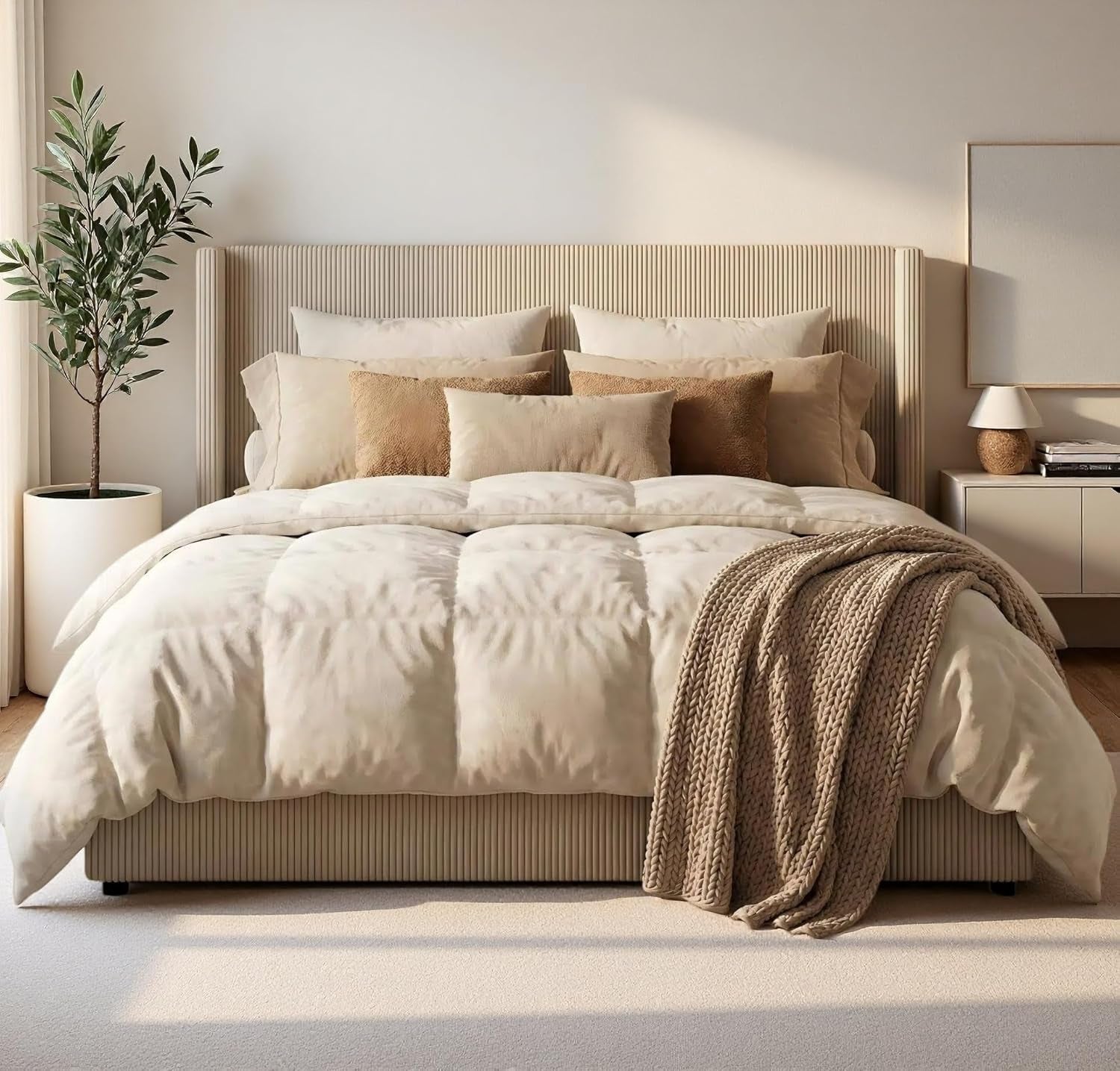 King Size Bed Frame with Storage Drawers, Corduroy Upholstered Platform Bedframe with Wingback, Headboard and Footboard, No Box Spring Needed, Beige