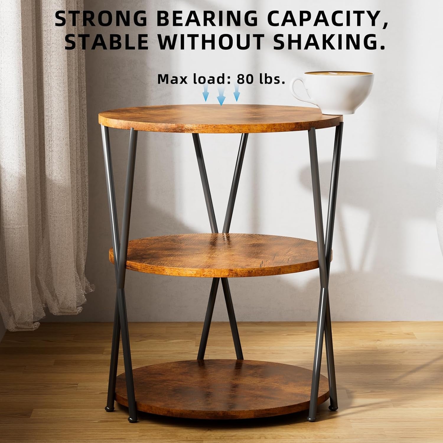 Big Side Table, 3-Tier Large Size round End Table with X-Leg Design, Nightstand Bedside Table for Living Room, Bedroom, Drink Table Coffee Table for Patio, Indoor Outdoor Use, 16.5''X16.5''X22.8''