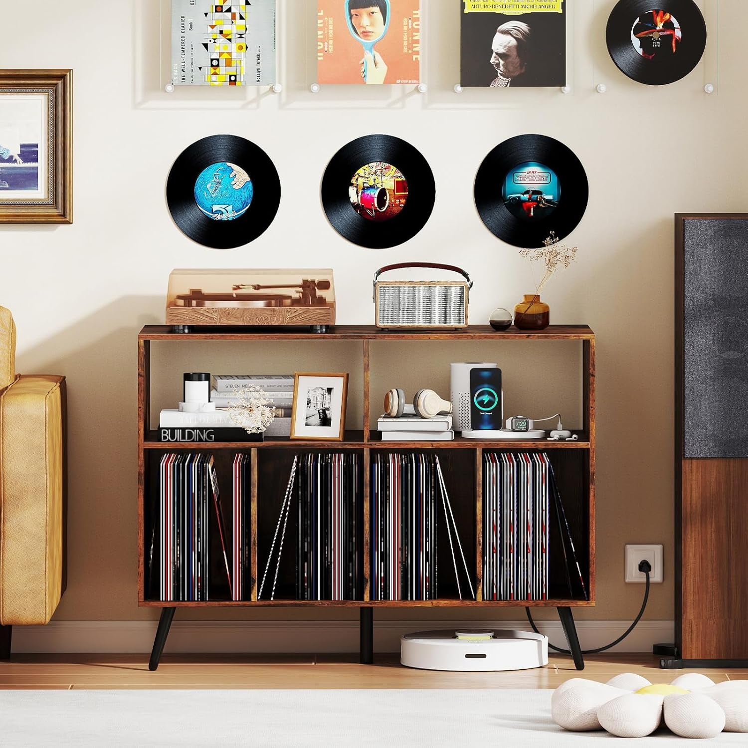 Large Record Player Stand with Charging Station, Turntable Stand Holds up to 450 Albums, Record Player Table with Raised Leg, Vinyl Record Storage for Living Room (Rustic Brown)