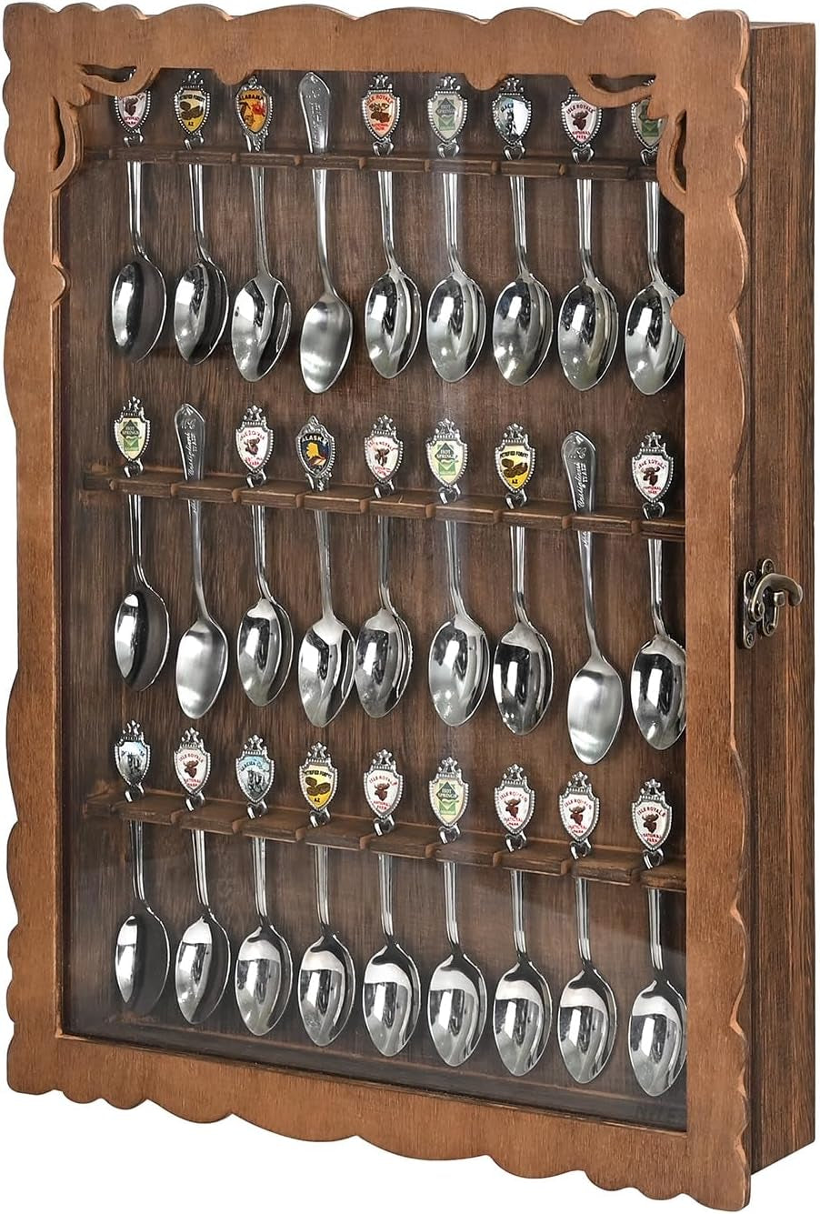 Wooden 30-Souvenir Spoon Display Case Cabinet, Wall-Mounted Tea Spoon Rack with Tempered Glass Suitable for Collection Display, 13.4W X 2.6D X 15.7H In