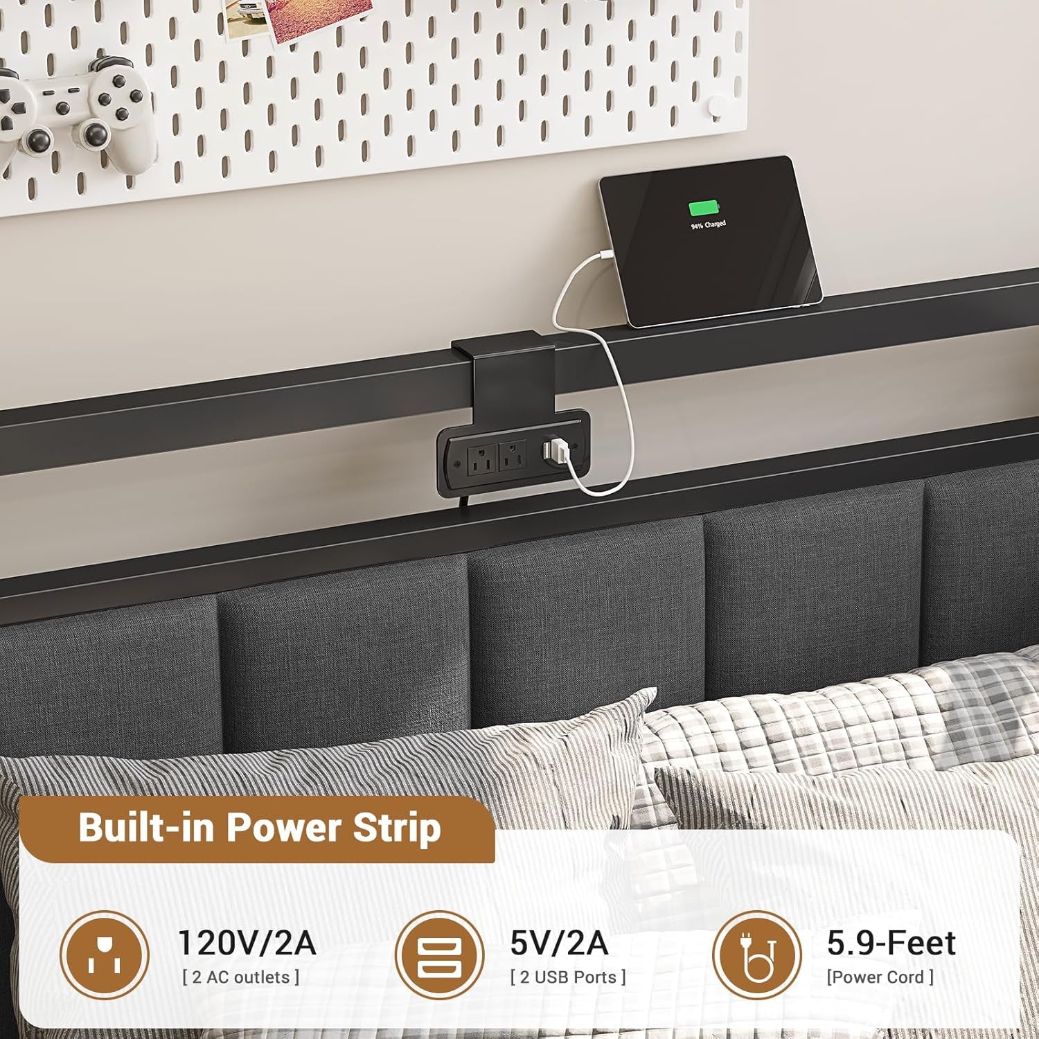 Corner Bed Frame with Storage Drawers, Twin Daybed with Line Fabric Upholstered Fence, Kids Bed Unit with LED Light and Charging Station, Modern Bed Frame