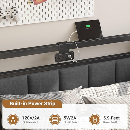 Corner Bed Frame with Storage Drawers, Twin Daybed with Line Fabric Upholstered Fence, Kids Bed Unit with LED Light and Charging Station, Modern Bed Frame