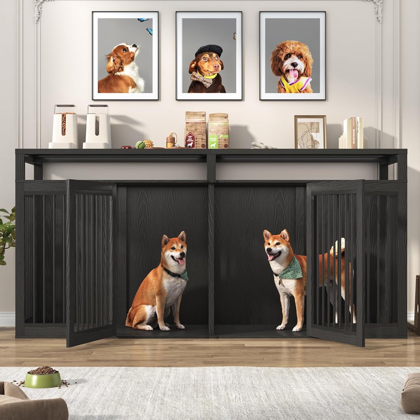 87In Farmhouse Dog Crate TV Stand, Wooden Dog Kennel Furniture with 2 Doors, Large Dog Crate Furniture for 2 Dogs, Solid Metal Tube & 4 Lockable Doors, Grey