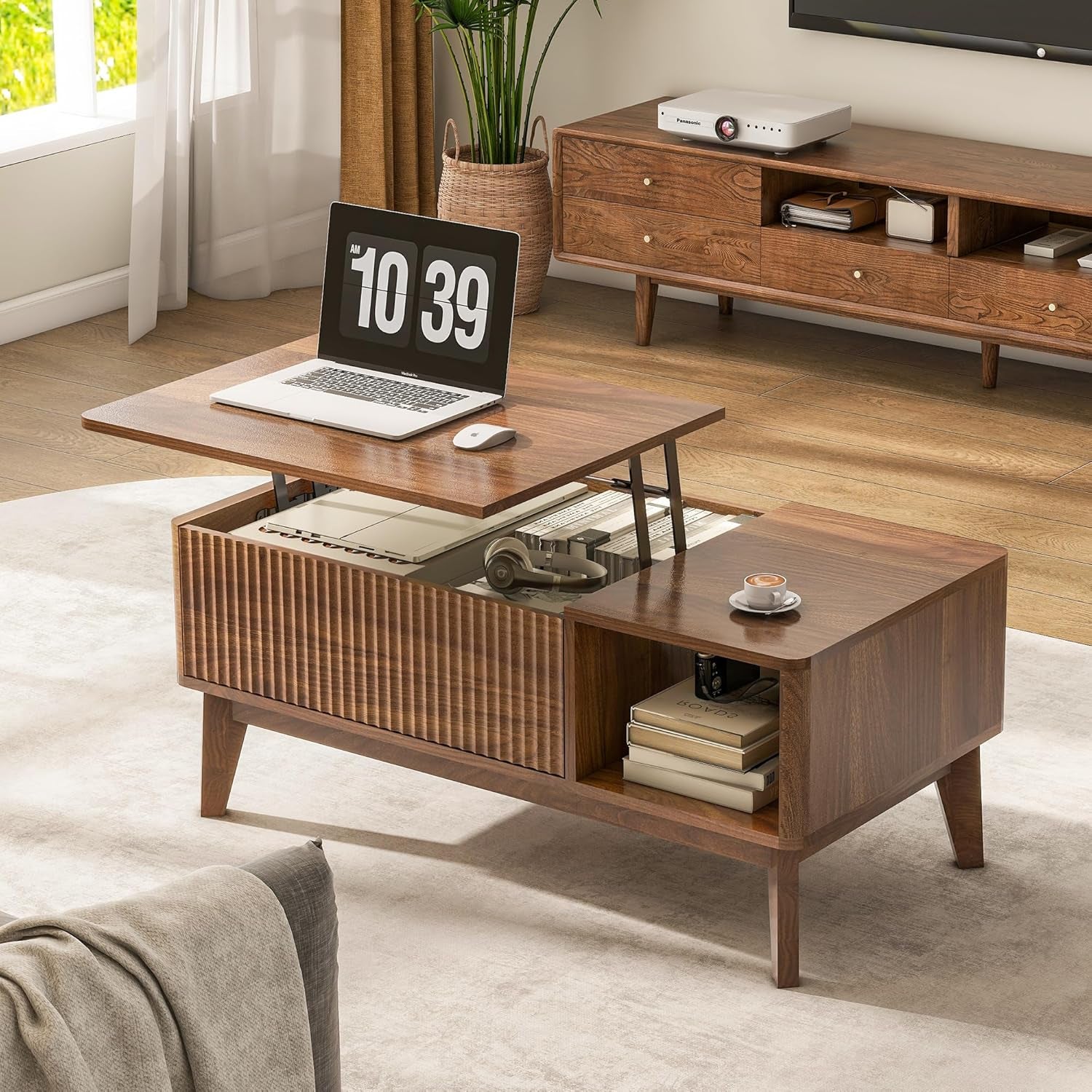 Fluted Lift Top Coffee Table with Storage, Modern Coffee Table for Living Room, Home Office（Walnut）