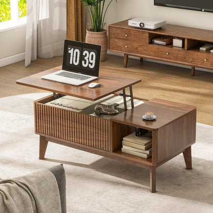 Fluted Lift Top Coffee Table with Storage, Modern Coffee Table for Living Room, Home Office（Walnut）