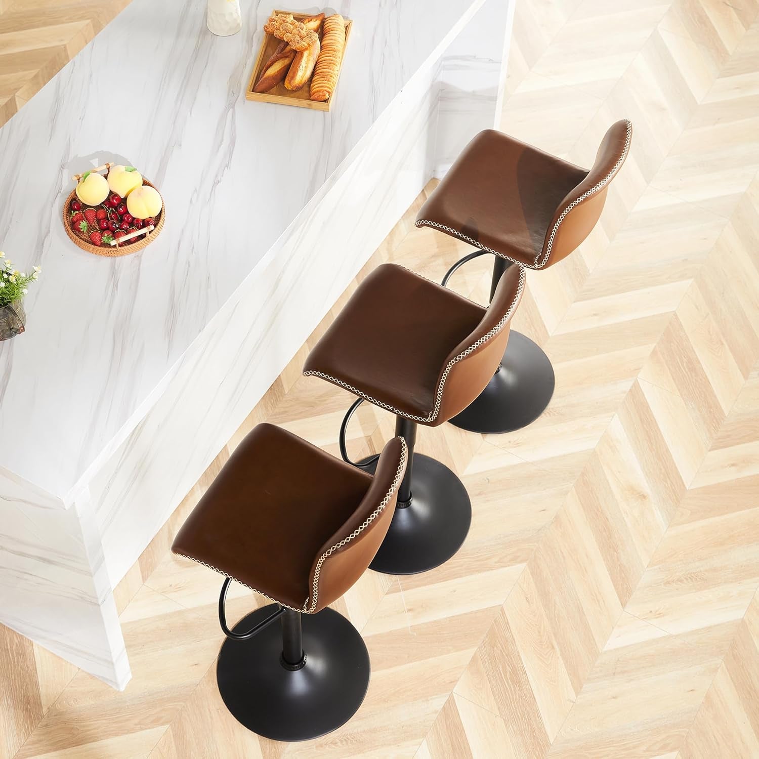 Bar Stools Set of 3, Swivel Counter Height Barstools with Back, Adjustable Height 24" to 32", Brown Faux Leather Bar Chairs for Kitchen Island (Brown, Set of 3 (24'' to 32''))