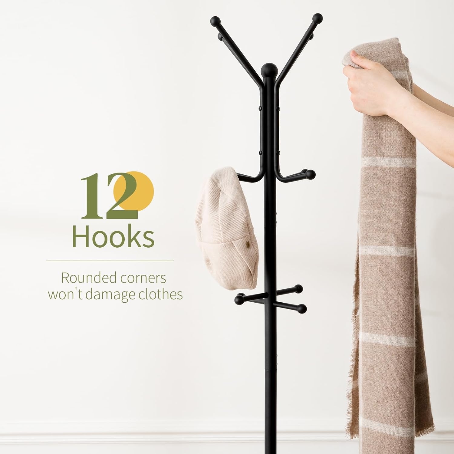 Coat Rack Freestanding - Coat Tree with Umbrella Holder, Metal Coat Rack Stand with 12 Hooks, Modern Coat Hanger Stand for Entryway, Purse Rack Hat Rack Stand for Living Room Bedroom Office