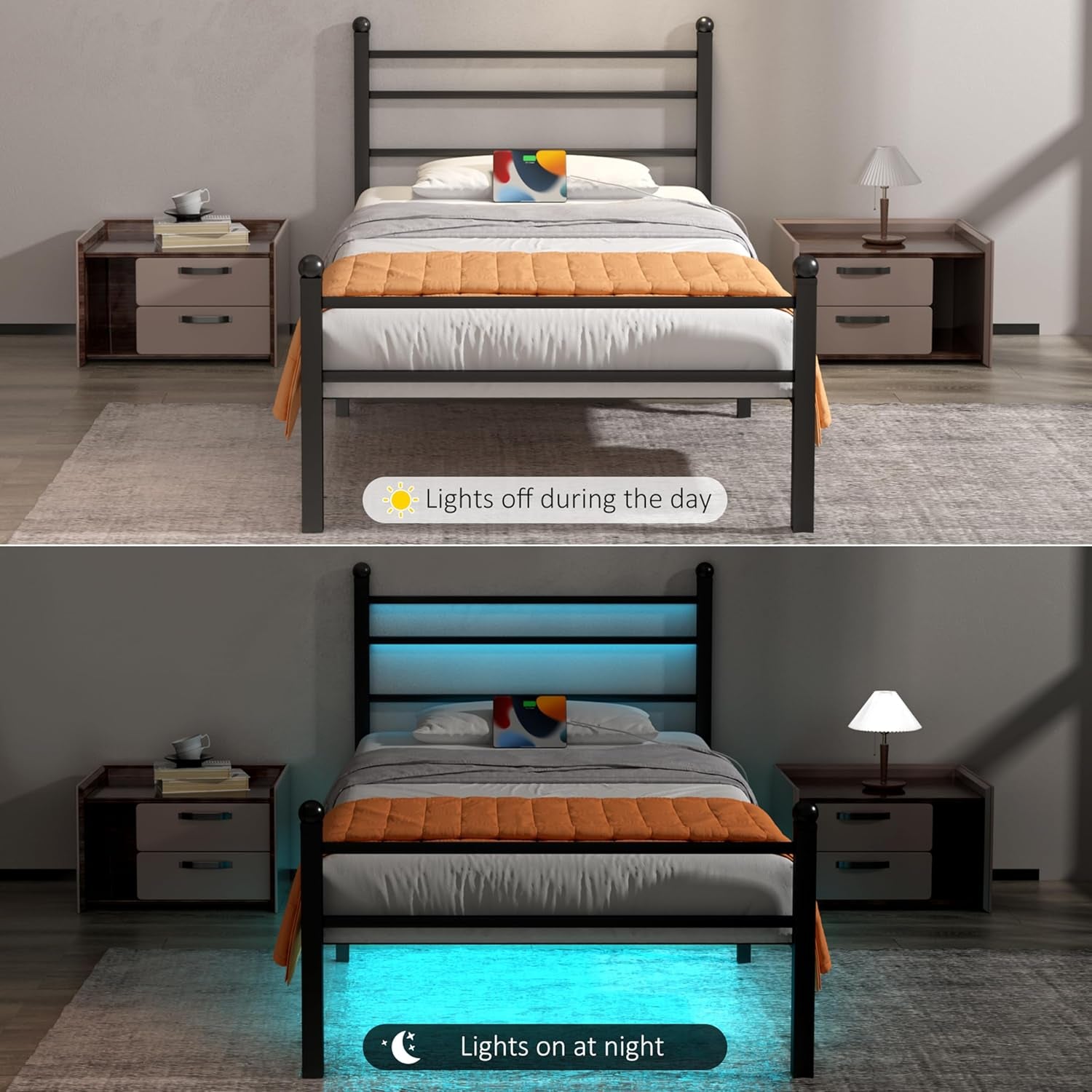 Metal Platform Twin Bed Frame with LED Lights, Charging Station, Headboard, Heavy Duty Slats, No Box Spring Required, Black