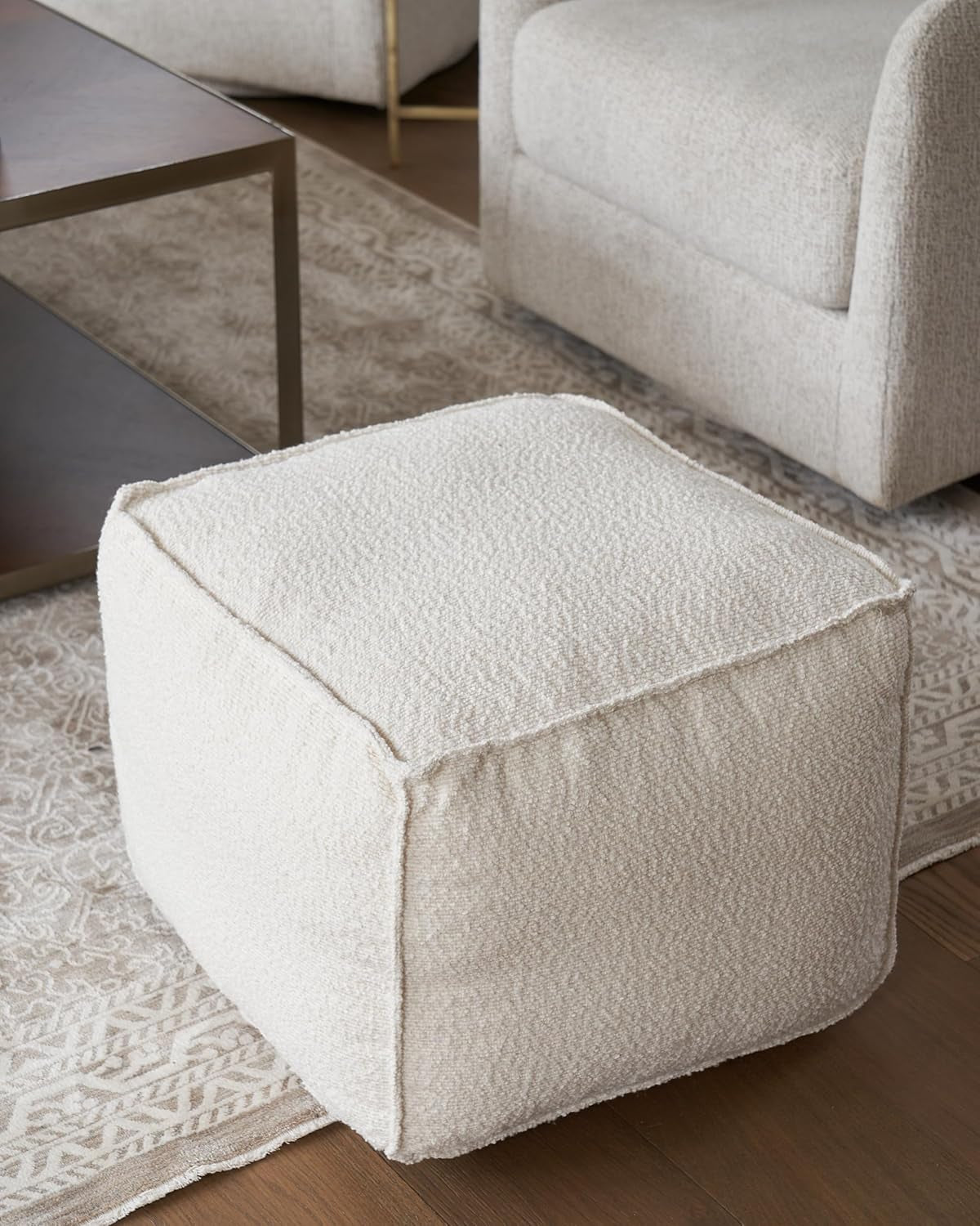 Beautiful Boucle Pouf Ottoman and Foot Rest - Elevate Your Living Room Decor with Lightweight Comfort and Charm - a round Modern Foam Filled Foot Stool Perfect to Rest Your Feet