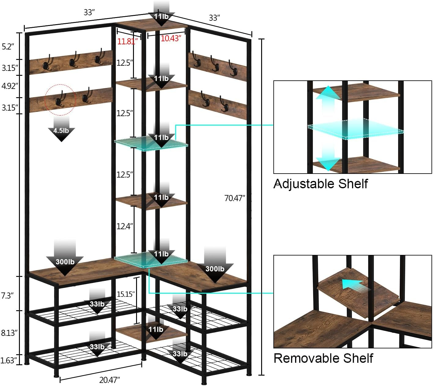 Corner Hall Tree with Shoe Rack Storage Bench Display Open Shelves Modern Industrial Entryway Coat Rack Stand for Home Living Room Mudroom Bedroom Multifunctional 5 in 1 (Rustic Brown)