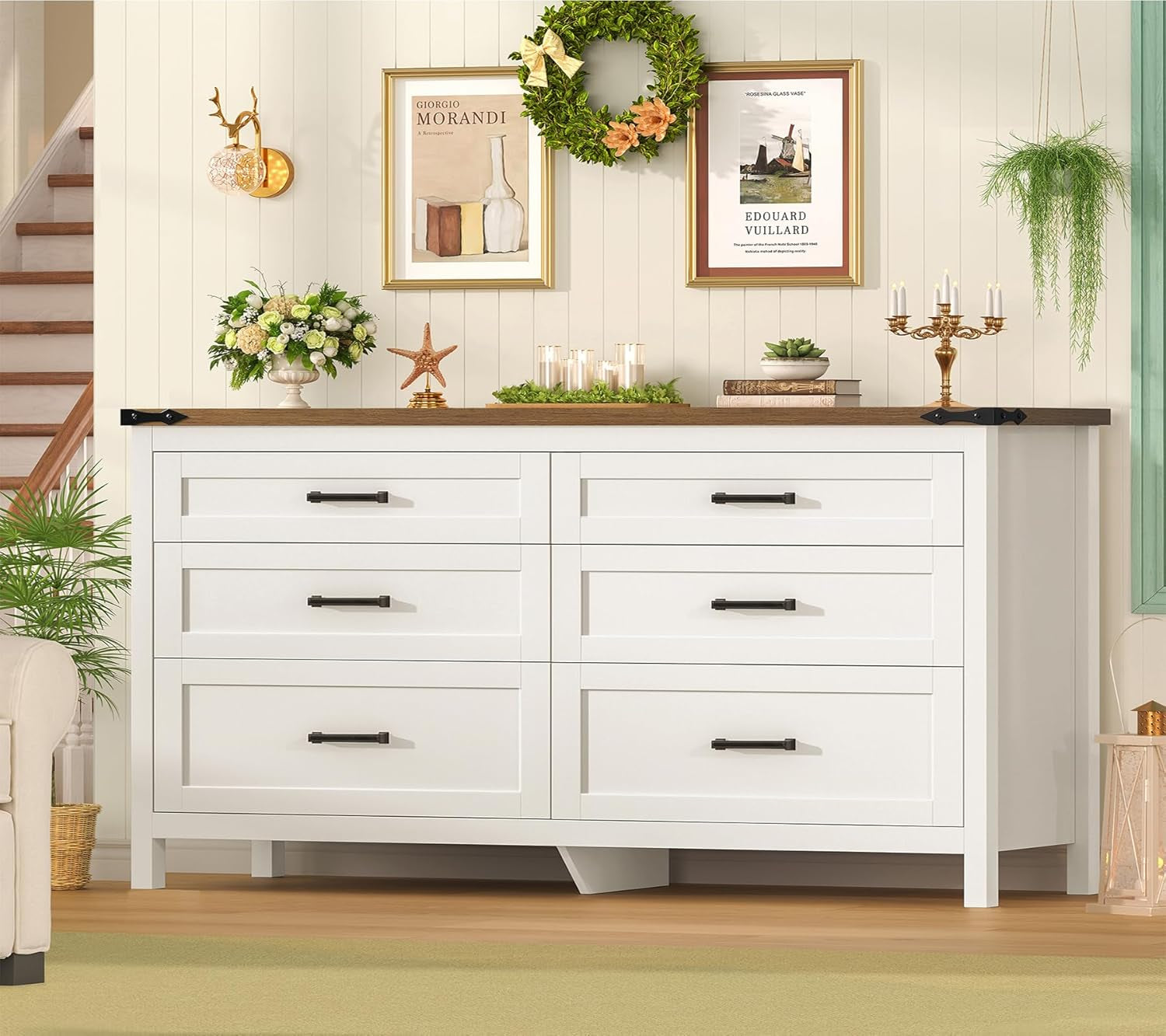 47.2" Dresser for Bedroom, White 6 Drawer Dresser with Metal Handles, Wood Dressers & Chests of Drawers for Closet, Farmhouse Dressers for Bedroom, Entryway, White