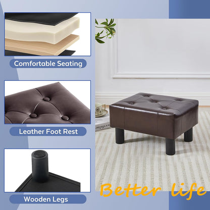 Small Foot Stool Ottoman, Faux Leather Footstool Ottoman Foot Rest for Couch, Rectangle Footstools and Ottomans Small for Living Room, Entryway and Bedroom (Brown)