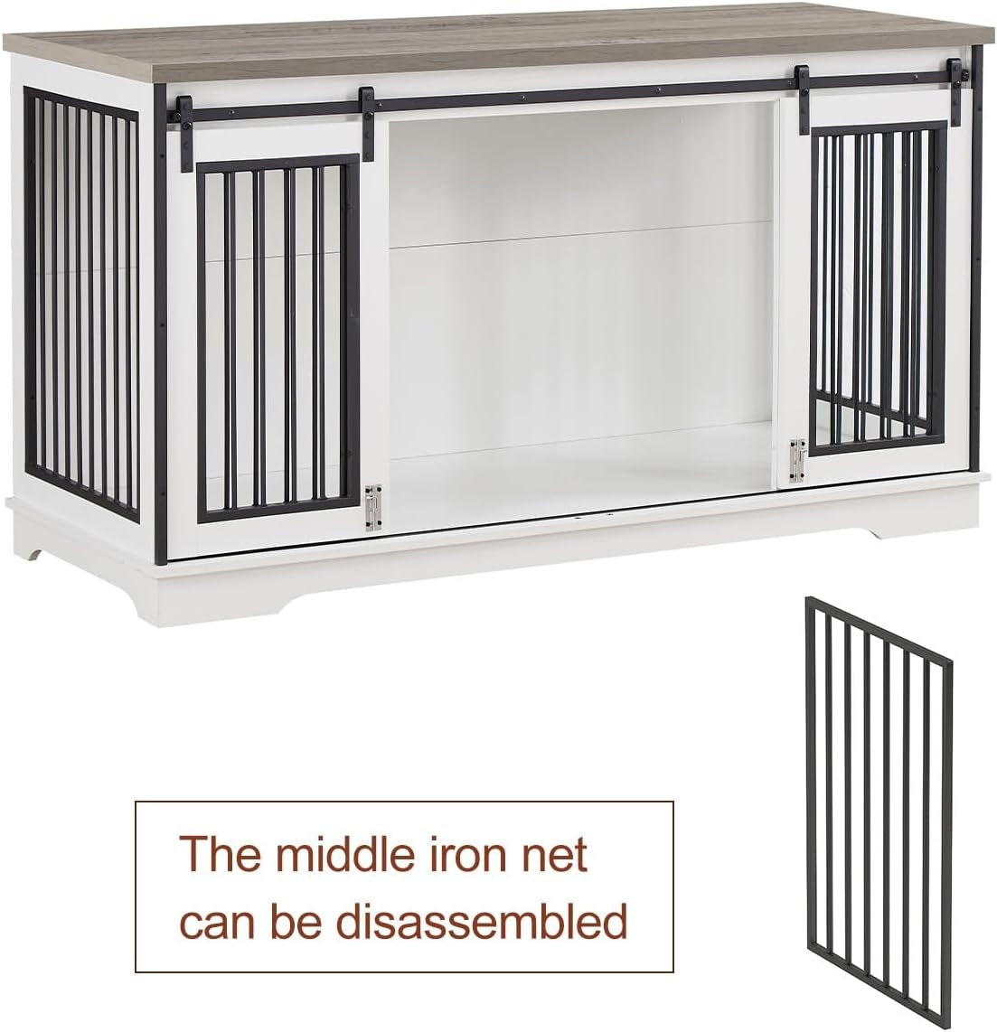XXL Wooden Dog Crate Furniture with Sliding Barn Door, 60.6" Indoor Kennel with Divider, Modern TV Stand for Large Dog or 2 Medium Dogs (White)