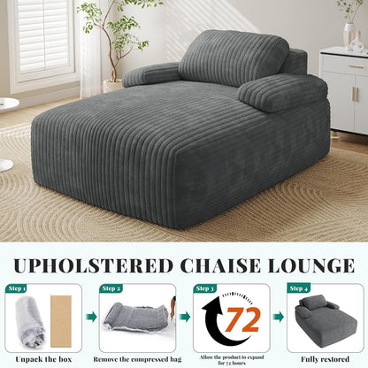 67"L X 48"W Chaise Lounge Chair Indoor, Oversized Corduroy Upholstered Boneless Sofa Bed, Deep-Seat Sleeper Couch, Reading Chair, Cloud Sofa Couch for Living Room, No Assembly Required, Grey
