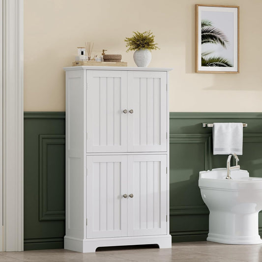 Bathroom Floor Cabinet, Modern Bathroom Storage Cabinet with 4 Doors and Adjustable Shelves, Freestanding Cupboard for Living Room, White