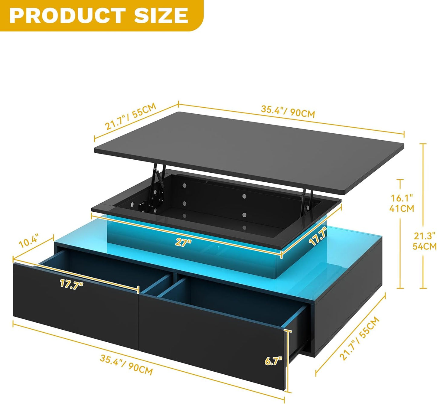 LED Lift Top Coffee Tables for Living Room, Rectangular Coffee Table with 4 Spacious Drawers, Modern Center Table with Lifting Top for Home Decor, Black
