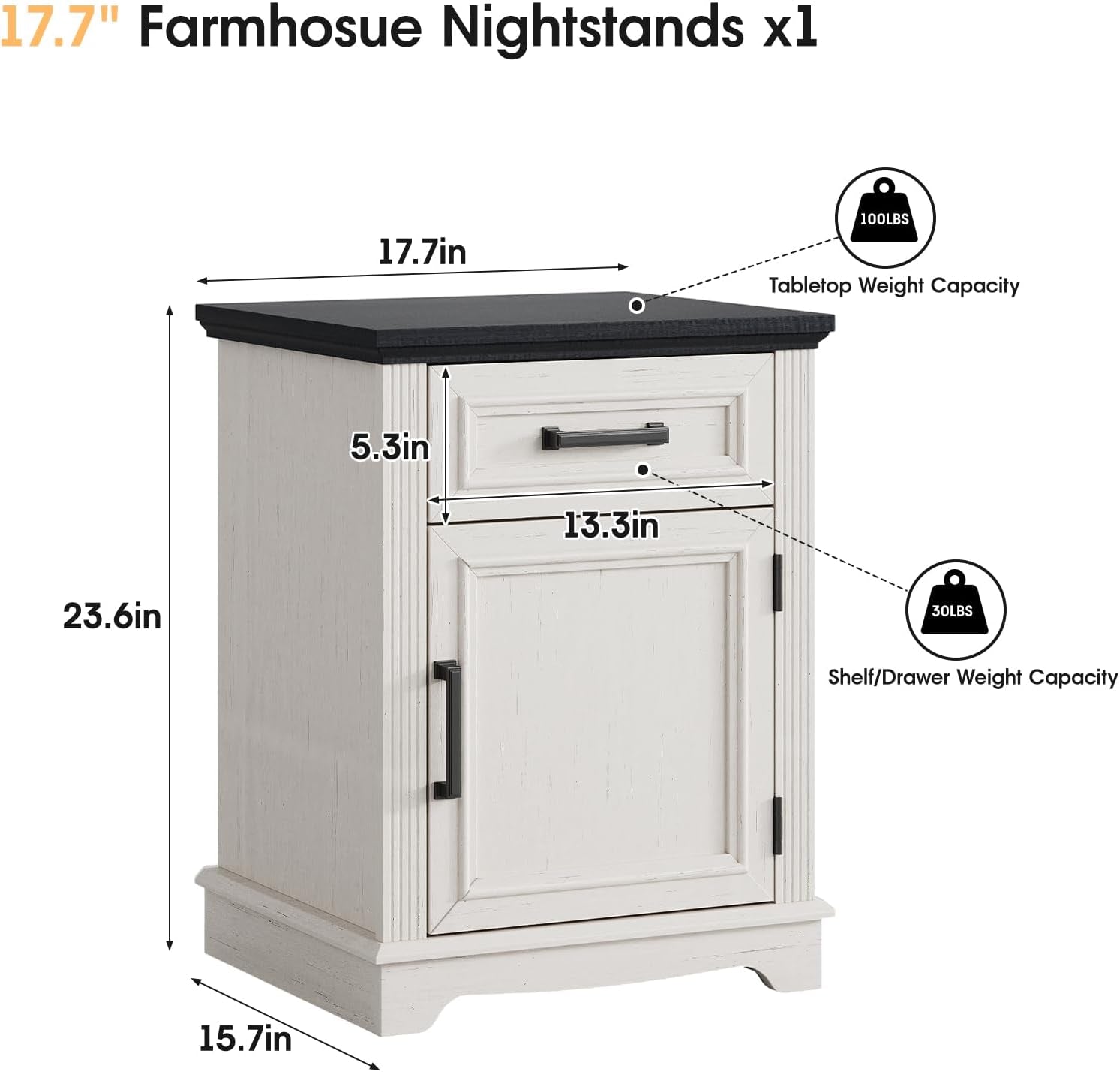 White Nightstand, End Table with Drawers, Bed/Sofa Side Tables with Large Storage Cabinet for Bedroom, Office, Small Spaces, Wood, 17.72”L X 15.75”D X 23.82”H