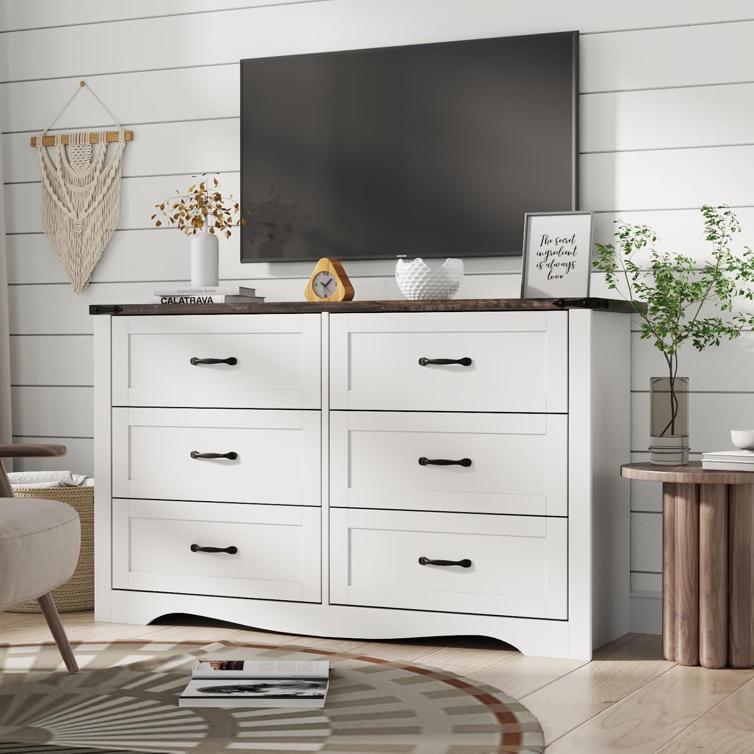 Farmhouse 6 Drawers Double Dresser for Bedroom, Modern White Dresser Chest of Drawers, Wide Dressers Organizer, Accent Storage Cabinet for Closet, Living Room, Hallway, Antique White