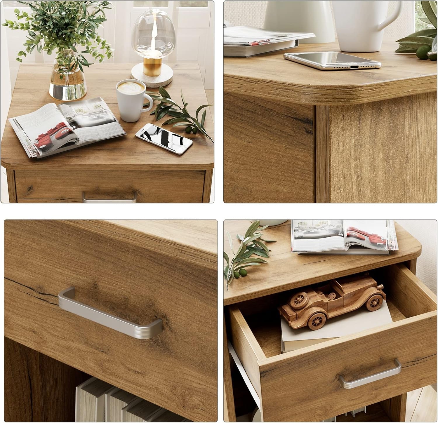 Nightstand Set of 2, 2-Tier Side Table with Drawer and Storage Shelf, Bedside Table End Table, Modern Night Stand for Bedroom, Home Office,Wooden Grain