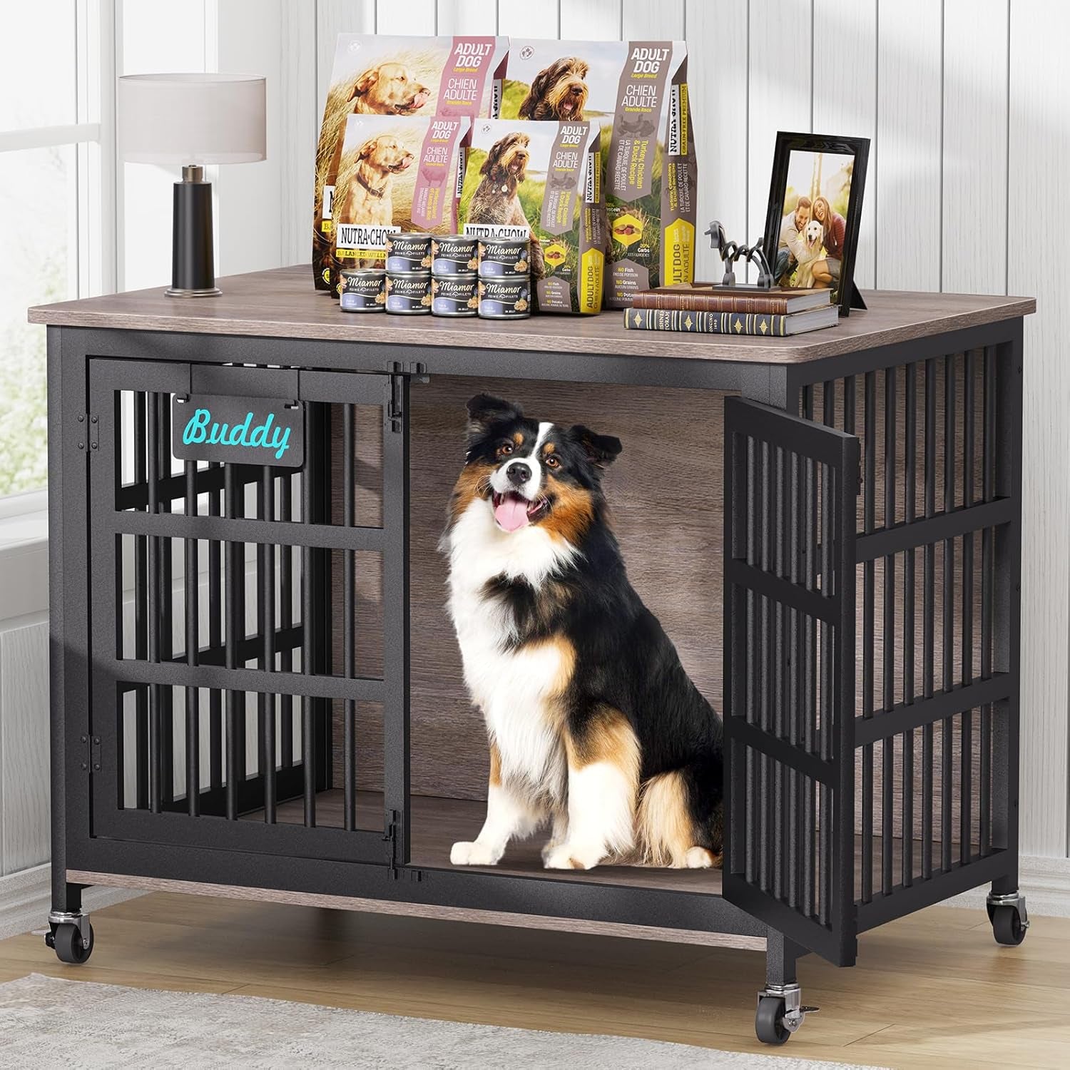 42"/41"/33" XL Dog Crate Furniture with Casters, Heavy Duty Dog Kennel Indoor for Large and Medium Dogs, Double-Doors Sturdy Dog Cage for Anxiety Dog, Decorate House as TV Stand, Bedside Table