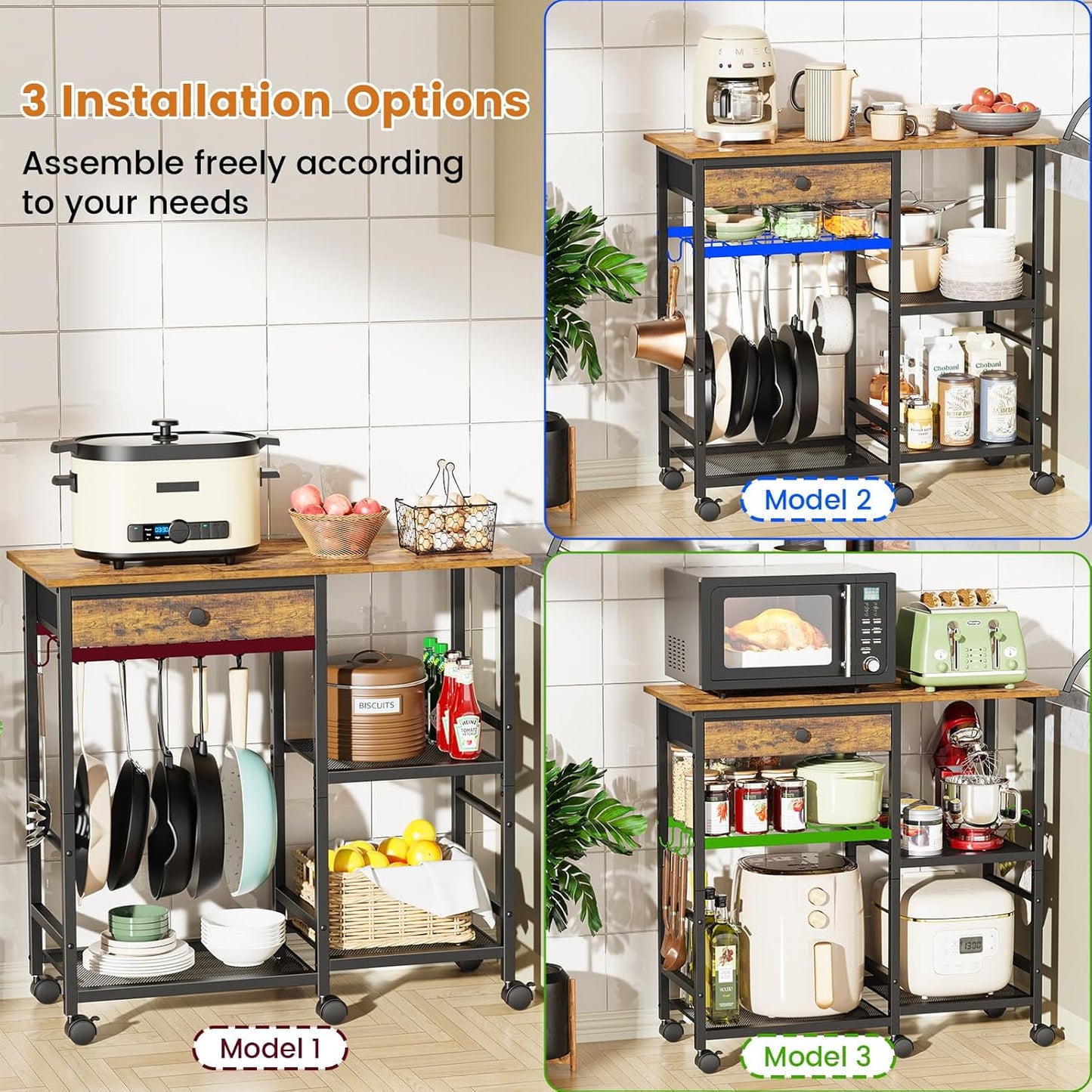 Microwave Stand, 6-Tier Microwave Cart with Wheels & Adjustable Shelf, Coffee Bar Table Station, Rolling Storage Cart Organizer Shelf for Living Room, Kitchen Island, Office, Rustic Brown