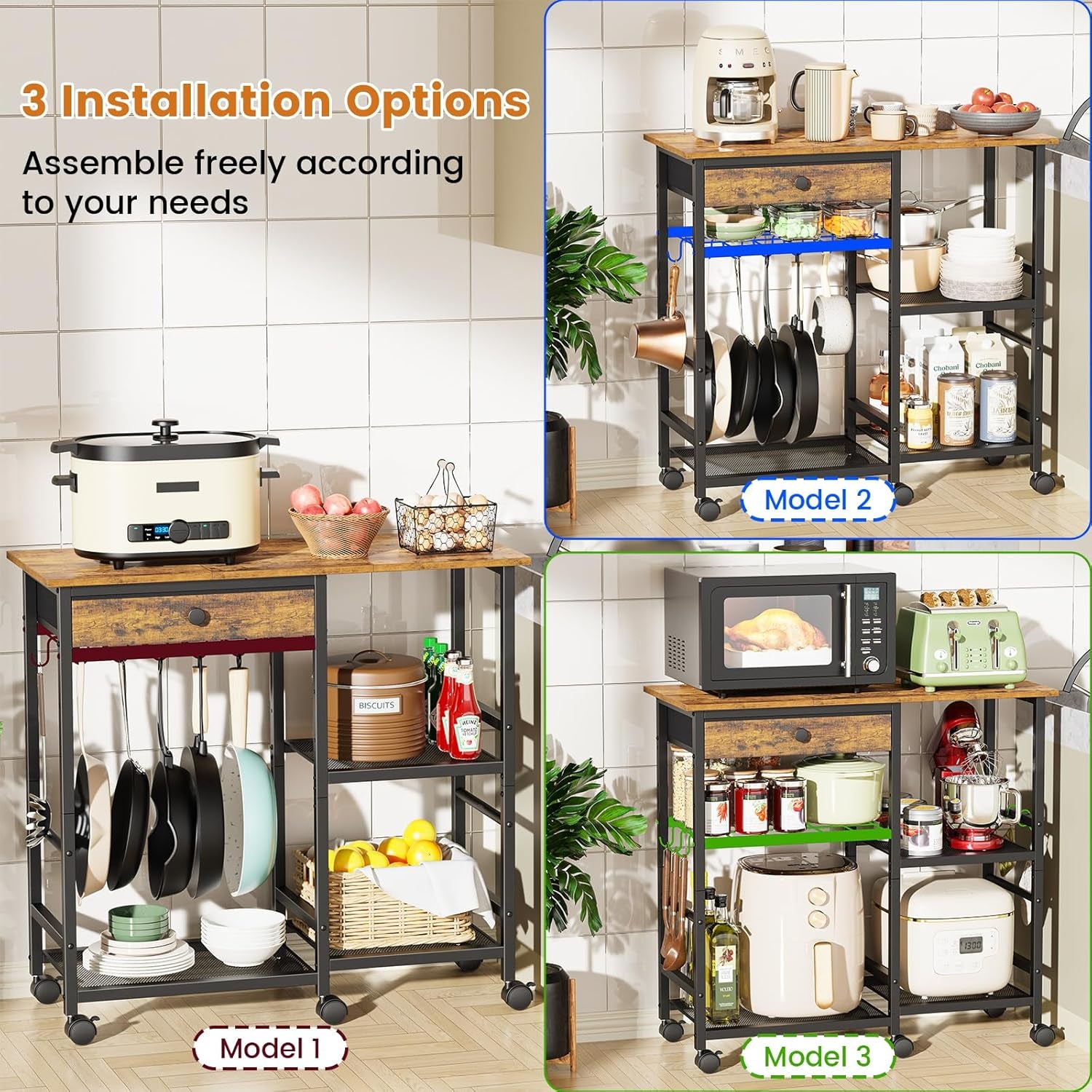 Microwave Stand, 6-Tier Microwave Cart with Wheels & Adjustable Shelf, Coffee Bar Table Station, Rolling Storage Cart Organizer Shelf for Living Room, Kitchen Island, Office, Rustic Brown