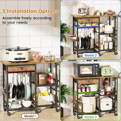 Microwave Stand, 6-Tier Microwave Cart with Wheels & Adjustable Shelf, Coffee Bar Table Station, Rolling Storage Cart Organizer Shelf for Living Room, Kitchen Island, Office, Rustic Brown
