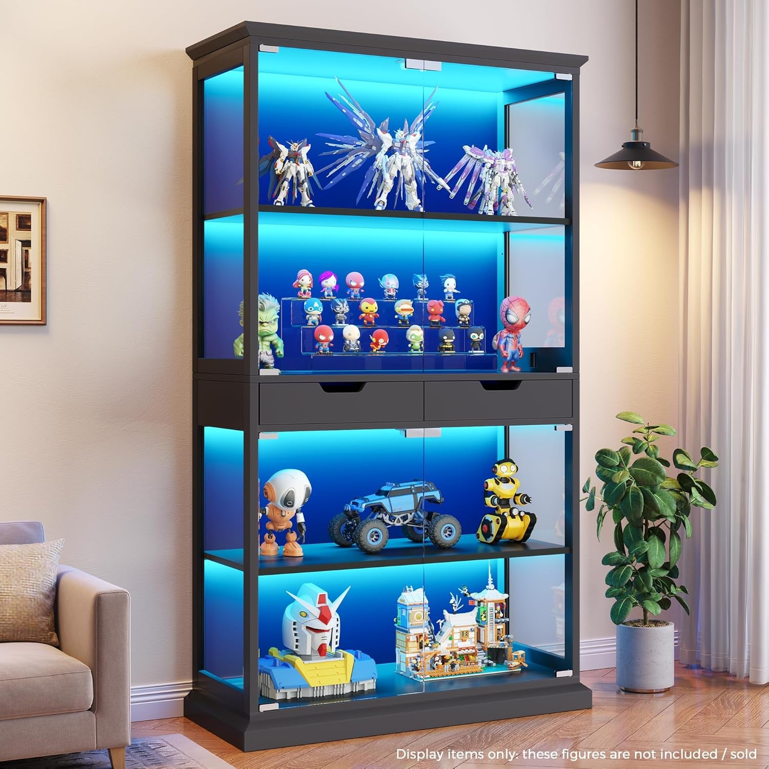 Display Cabinet with Glass Doors, 68'' Tall Curio Cabinet with RGB Lights for Collectibles, 4-Tier Glass Display Case with Human Body Sensor & 2 Drawers for Living/Game Room, Black