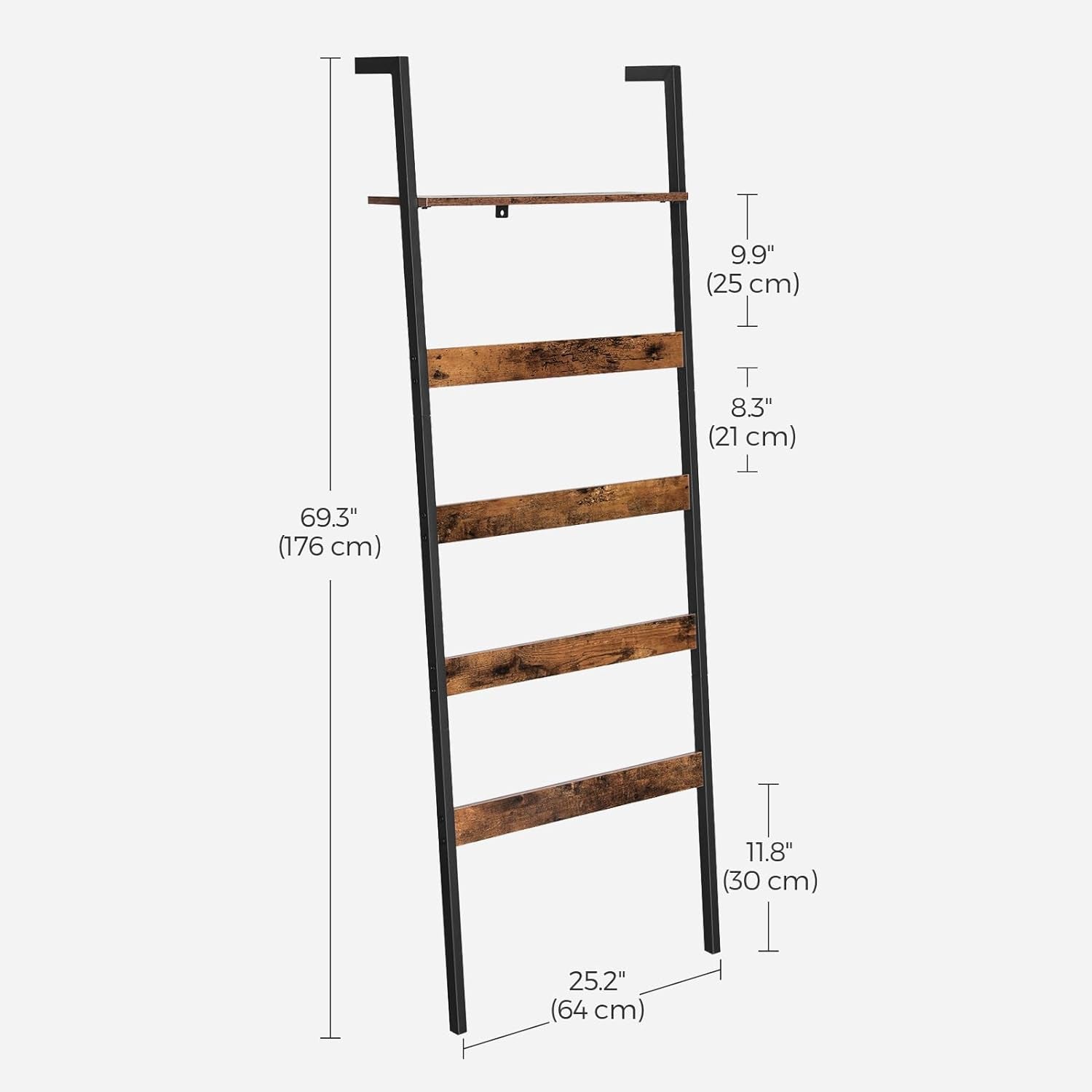 Blanket Ladder, Wall-Leaning Rack with Storage Shelf, for Blankets, Quilt, Towels, Scarves, Steel Frame, Industrial Style, Rustic Brown and Black ULLS012B01