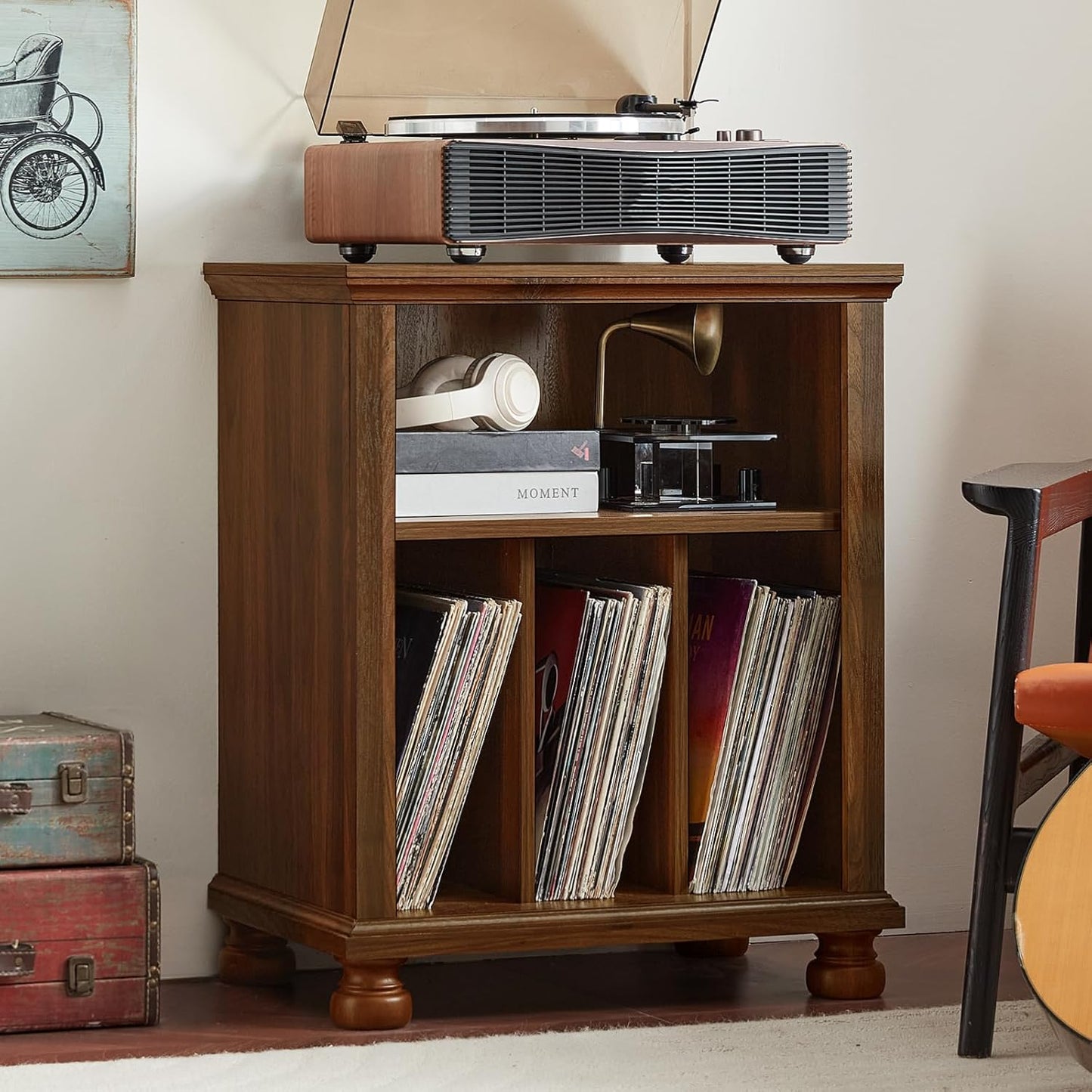 Record Player Stand with Vinyl Record Storage, 24" Wide Mid-Century Record Player Table up to 200 Albums,Large Wood Turntable Stand Cabinet Dispaly Shelf for Living Room,Bedroom,Brown