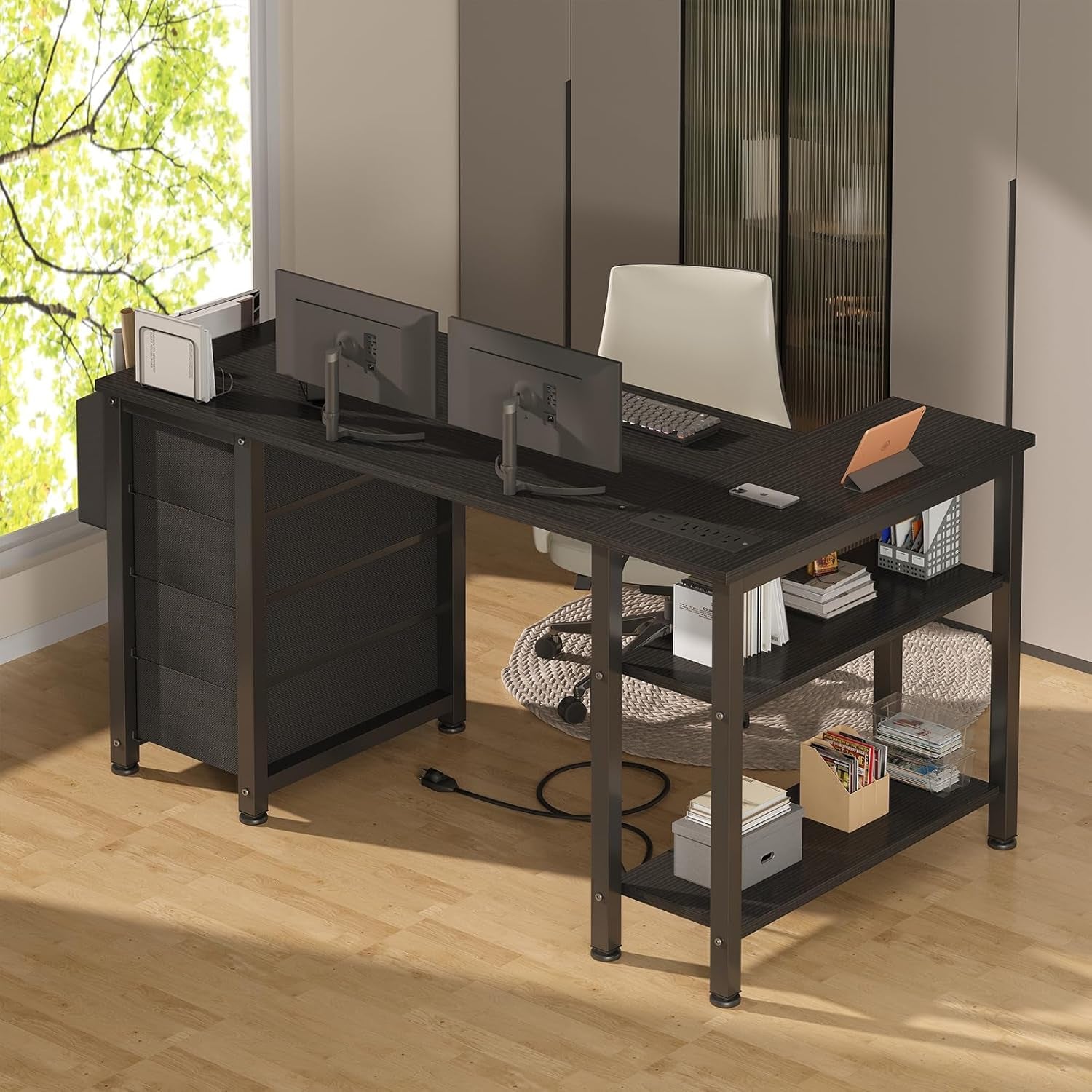 L Shaped Gaming Desk with Power Outlet, 47 Inch Reversible Corner Computer Desk with Drawers & Storage Shelves for Home Office Bedroom, L-Shaped Teen PC Desks with Fabric Drawer, Black