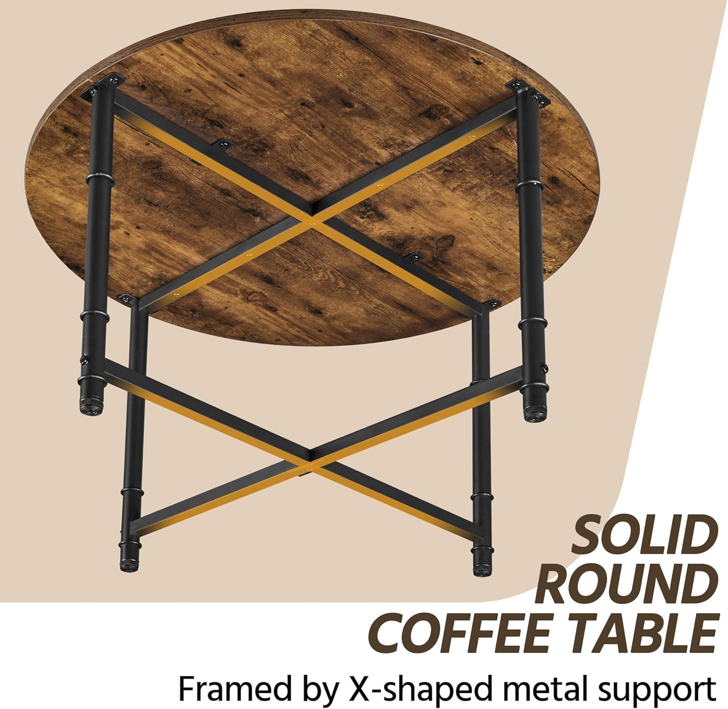 round Coffee Table, Small Coffee Table with Sturdy Metal Legs for Living Room, Rustic Wood Circle Tables Easy to Assemble, 31.5 X 17.7 Inches