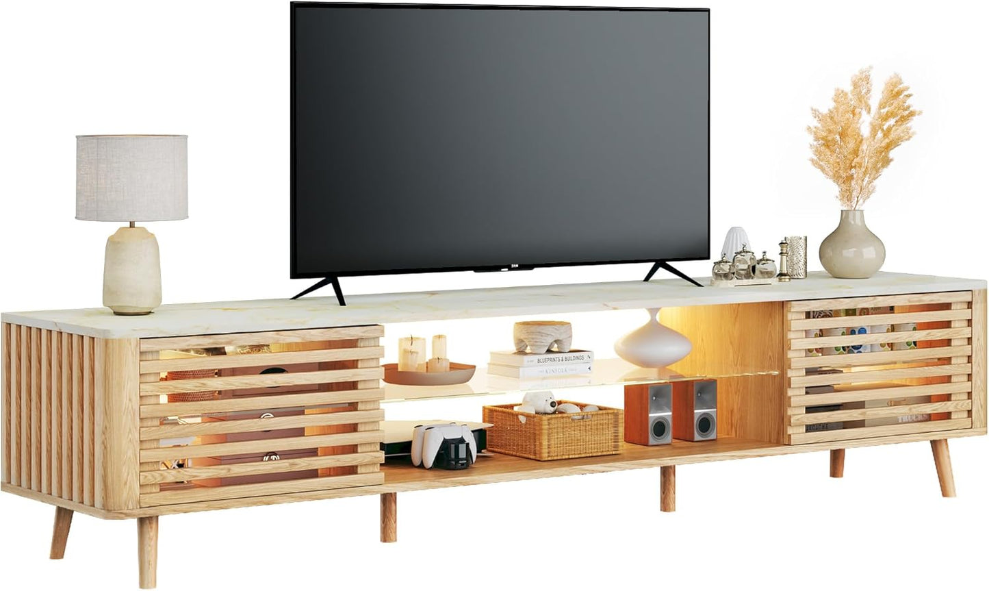 70" TV Stand for 55/65/75 Inch TV, Faux Marble Top Entertainment Center with Slatied Sliding Door & LED Lights, Mid Century Modern Style, Low TV Console with Glass Shelves for Bedroom