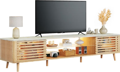 70" TV Stand for 55/65/75 Inch TV, Faux Marble Top Entertainment Center with Slatied Sliding Door & LED Lights, Mid Century Modern Style, Low TV Console with Glass Shelves for Bedroom