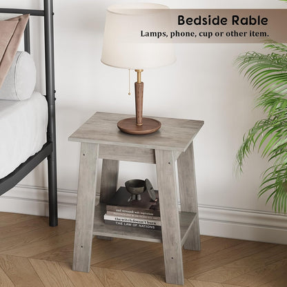Farmhouse End Table with Storage Shelf - Rustic 2-Tier Side Table, Narrow Nightstand & Small Coffee Table for Living Room, Bedroom, Apartment (Grey)