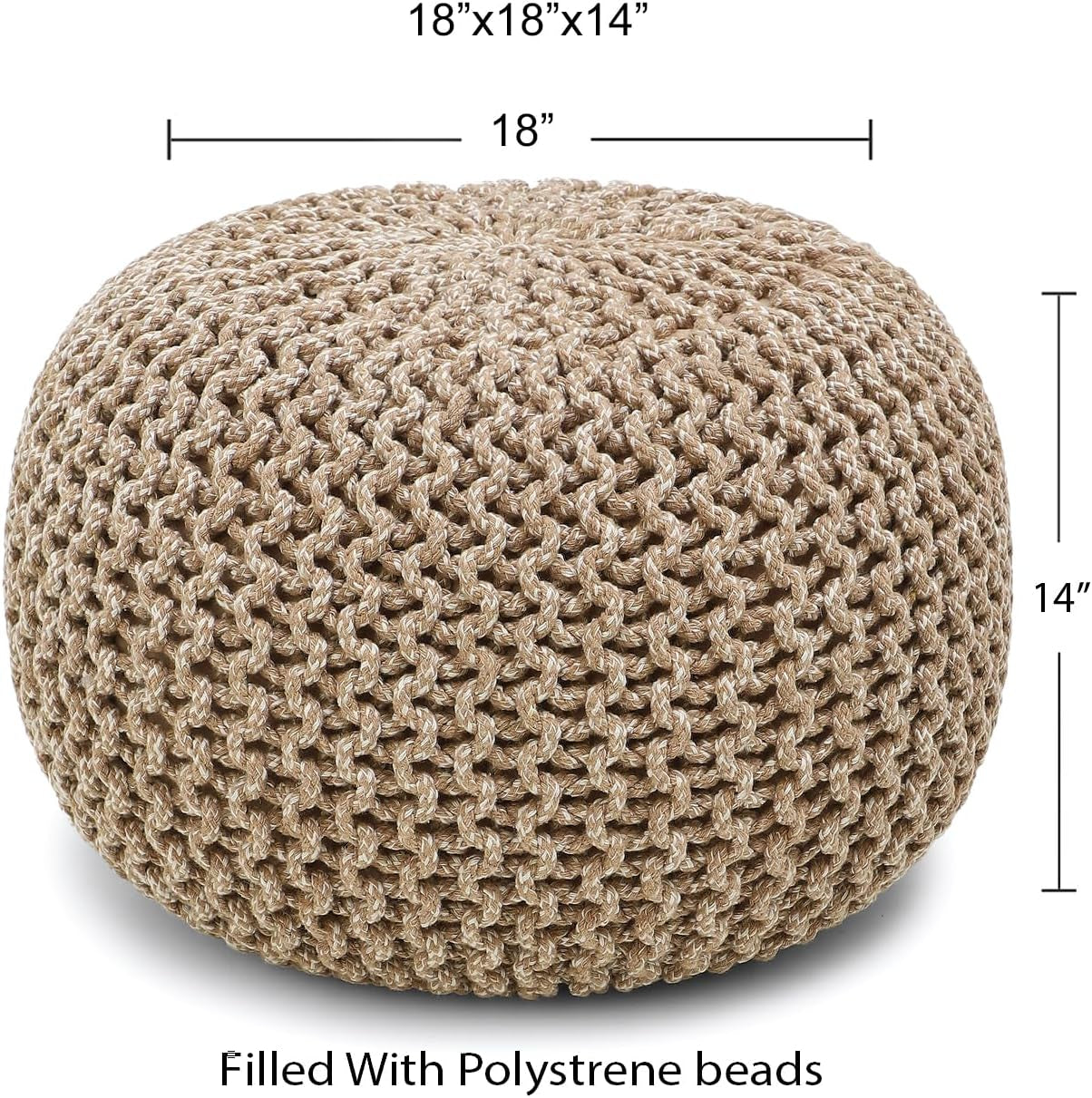 REDEARTH round Pouf Ottoman - Hand Knitted Cable Boho Poof Home Décor Pouffe Circular Footrest for Living Room - Nursery - Bedroom - Lounge 100% Cotton (18”X18”X14”) - Beige Ivory