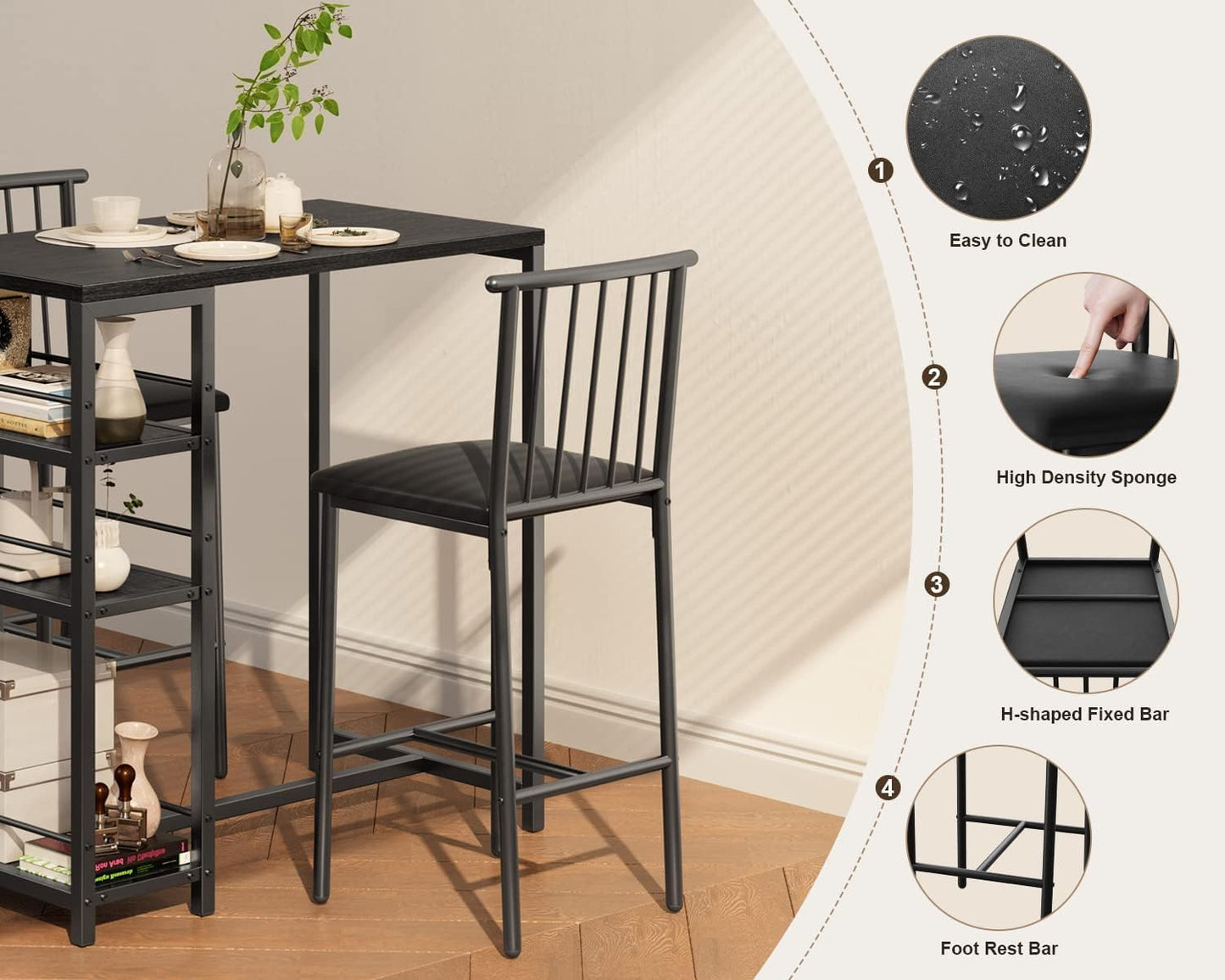 Dining Table Set for 2 with 3 Storage Shelves, Kitchen Table and Chairs for 2 with Pu Cushion Chairs & Thick Wood Top, 3 Piece Dining Table Set for Small Space, Apartment - Black