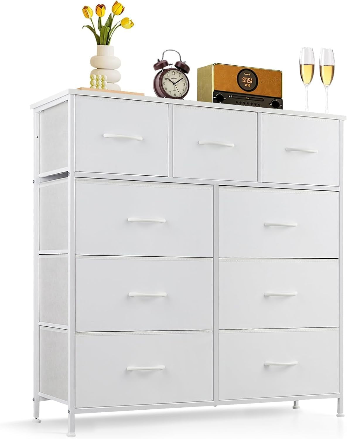9-Drawer Dresser for Bedroom, Anti-Tip Tall Storage Organizer Chest of Drawers with Wooden Top and Metal Frame Fabric Bins for Closet, Living Room, Hallway, Entryway, White