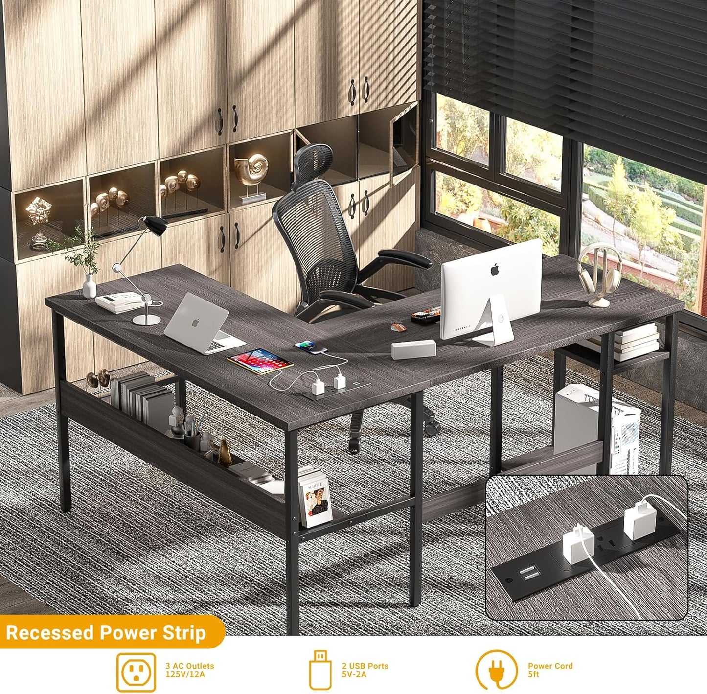 Reversible L Shaped Desk with Magic Power Outlets and USB Charging Ports, Sturdy Corner Computer Desk with Storage Shelves, Gaming Table Home Office Desk, Easy to Assemble, Black