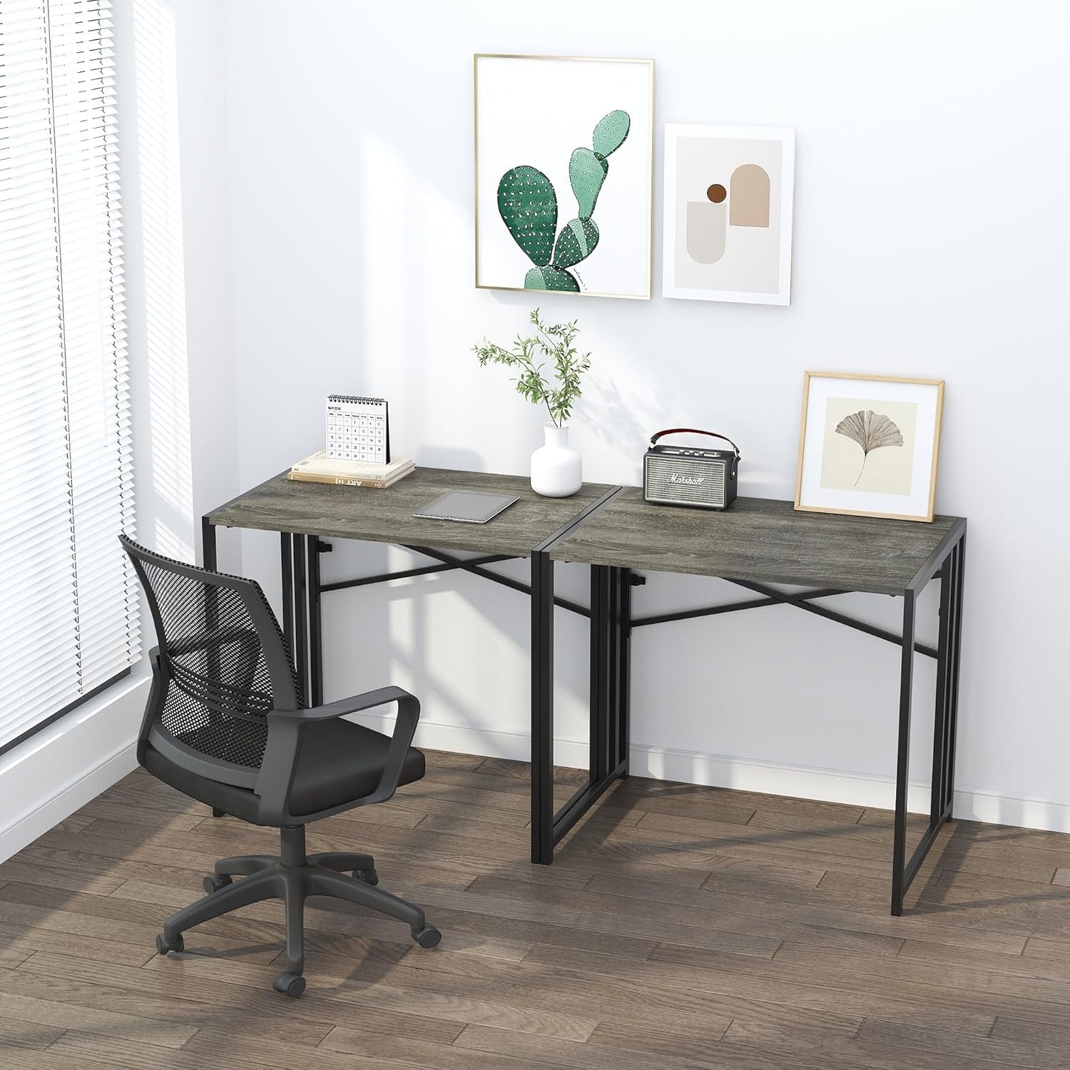 35 Inch Folding Small Desk, Writing Gaming Computer Camping Desk for Small Spaces, No Assembly Required Home Office Table, White Marble