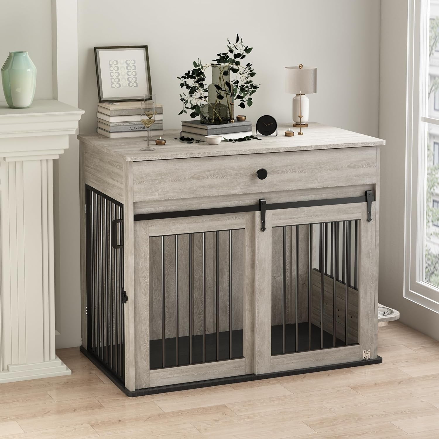 Large Dog Crate Furniture with Sliding Door & 360° Spinning Bowls | Durable Modern End Table for Medium & Large Dogs for Pet Owners (40-Inch)